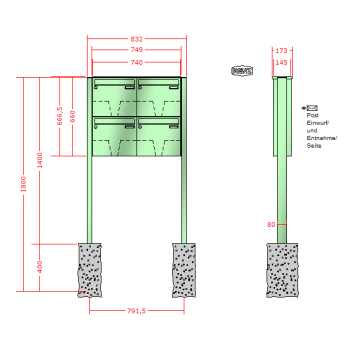 RENZ Basic (B) 3-seitig, Anlage ohne Installationskasten, Kasten 370x330x145, 4-teilig, zum Einbetonieren, 10-0-10003