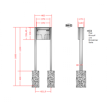 RENZ Basic (B) Edelstahl 3-seitig, Anlage ohne Installationskasten, Kasten 370x330x145, 1-teilig, zum Einbetonieren, 10-0-10012