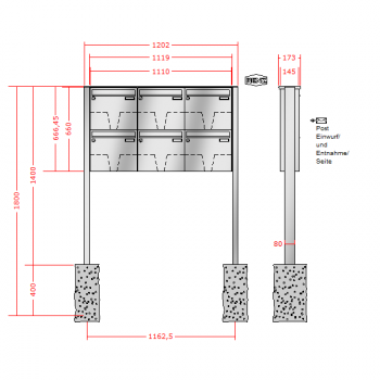 RENZ Basic (B) Edelstahl 3-seitig, Anlage ohne Installationskasten, Kasten 370x330x145, 6-teilig, zum Einbetonieren, 10-0-10017