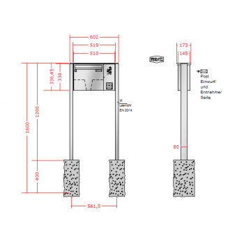 RENZ Basic (B) Edelstahl 3-seitig, Anlage mit Installationskasten, Kasten 370x330x145, 1-teilig Installationskasten senkrecht, zum Einbetonieren, 10-0-10018