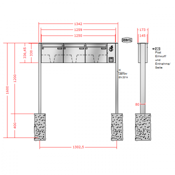 RENZ Basic (B) Edelstahl 3-seitig, Anlage mit Installationskasten, Kasten 370x330x145, 3-teilig, zum Einbetonieren, 10-0-10020