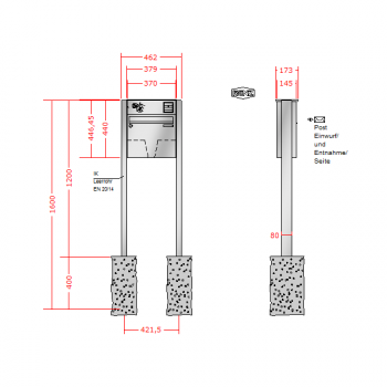 RENZ Basic (B) Edelstahl 3-seitig, Anlage mit Installationskasten, Kasten 370x330x145, 1-teilig Installationskasten waagerecht, zum Einbetonieren, 10-0-10025