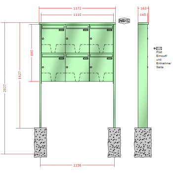 RENZ TETRO Stahl-Ausführung, Anlage ohne Installationskasten, Kasten 370x440x145, 6-teilig, zum Einbetonieren, 10-0-10187