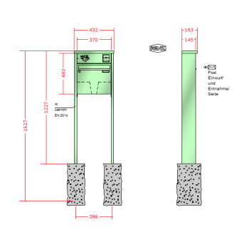 RENZ TETRO Stahl-Ausführung, Anlage mit Installationskasten, Kasten 370x330x145, 1-teilig Installationskasten waagerecht, zum Einbetonieren, 10-0-10195
