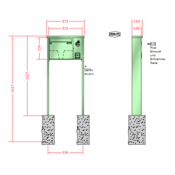 RENZ TETRO Stahl-Ausführung, Anlage mit Installationskasten, Kasten 370x330x145, 1-teilig Installationskasten senkrecht, zum Einbetonieren, 10-0-10196
