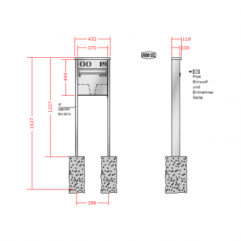 RENZ TETRO Edelstahl V4A-Ausführung, Anlage mit Installationskasten, Kasten 370x330x100, 1-teilig Installationskasten waagerecht, zum Einbetonieren, 10-0-10239