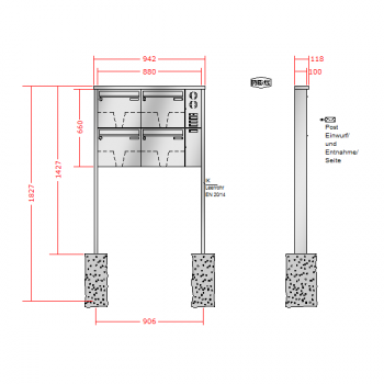 RENZ TETRO Edelstahl V4A-Ausführung, Anlage mit Installationskasten, Kasten 370x330x100, 4-teilig, zum Einbetonieren, 10-0-10243