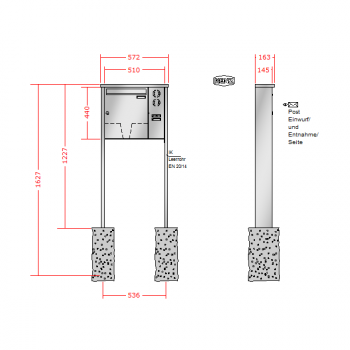 RENZ TETRO Edelstahl V4A-Ausführung, Anlage mit Installationskasten, Kasten 370x440x145, 1-teilig Installationskasten senkrecht, zum Einbetonieren, 10-0-10254