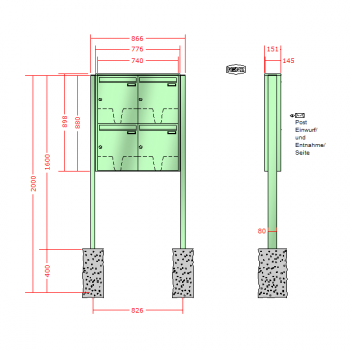 RENZ Quadra 3-seitig, Anlage ohne Installationskasten, Kasten 370x440x145, 4-teilig, zum Einbetonieren, 10-0-10269