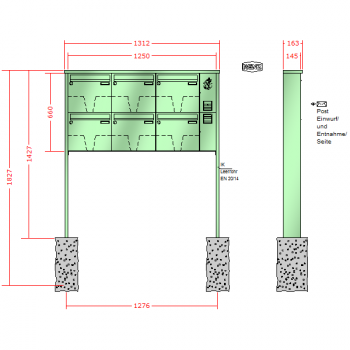 RENZ TETRO Stahl-Ausführung, Anlage mit Installationskasten, Kasten 370x330x145, 6-teilig, zum Einbetonieren, 10-0-10301