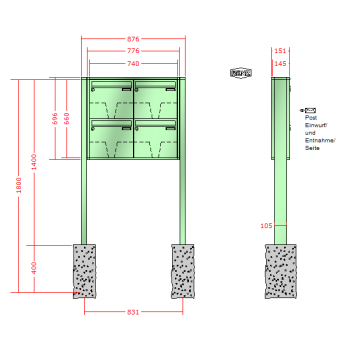 RENZ Quadra 4-seitig, Anlage ohne Installationskasten, Kasten 370x330x145, 4-teilig, zum Einbetonieren, 10-0-10312