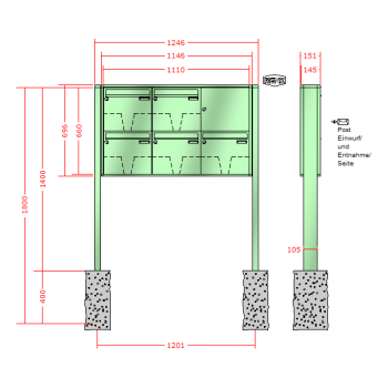 RENZ Quadra 4-seitig, Anlage ohne Installationskasten, Kasten 370x330x145, 5-teilig, zum Einbetonieren, 10-0-10313