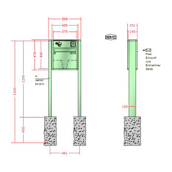 RENZ Quadra 4-seitig, Anlage mit Installationskasten, Kasten 370x330x145, 1-teilig Installationskasten waagerecht, zum Einbetonieren, 10-0-10321