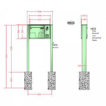 RENZ Quadra 4-seitig, Anlage mit Installationskasten, Kasten 370x330x145, 1-teilig Installationskasten senkrecht, zum Einbetonieren, 10-0-10322