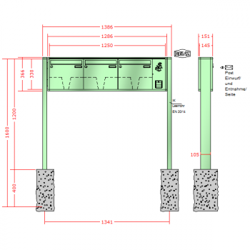 RENZ Quadra 4-seitig, Anlage mit Installationskasten, Kasten 370x330x145, 3-teilig, zum Einbetonieren, 10-0-10324