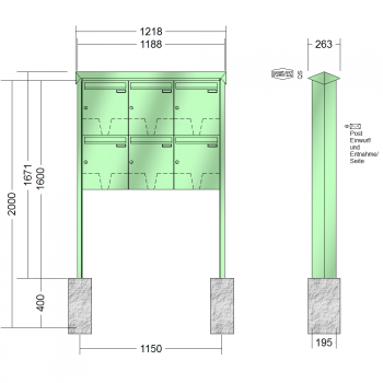 RENZ PRISMA Stahl-Ausführung, Anlage ohne Installationskasten, Kasten 370x440x145, 6-teilig, zum Einbetonieren, 10-0-10346