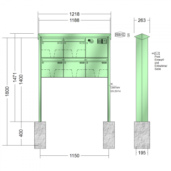 RENZ PRISMA Stahl-Ausführung, Anlage mit Installationskasten, Kasten 370x330x145, 5-teilig, zum Einbetonieren, 10-0-10352