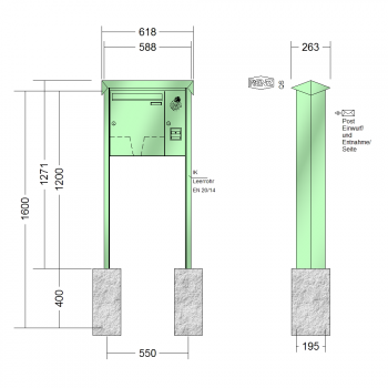 RENZ PRISMA Stahl-Ausführung, Anlage mit Installationskasten, Kasten 370x440x145, 1-teilig Installationskasten senkrecht, zum Einbetonieren, 10-0-10355