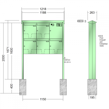 RENZ PRISMA Stahl-Ausführung, Anlage mit Installationskasten, Kasten 370x440x145, 5-teilig, zum Einbetonieren, 10-0-10359