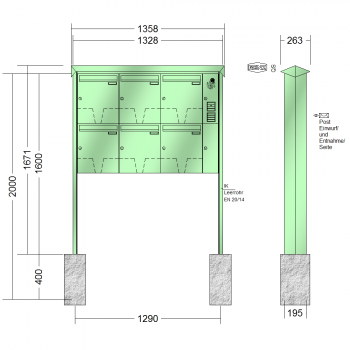 RENZ PRISMA Stahl-Ausführung, Anlage mit Installationskasten, Kasten 370x440x145, 6-teilig, zum Einbetonieren, 10-0-10360