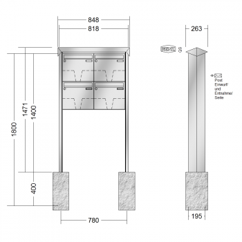 RENZ PRISMA Edelstahl V4A-Ausführung, Anlage ohne Installationskasten, Kasten 370x330x145, 4-teilig, zum Einbetonieren, 10-0-10364