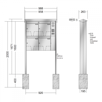 RENZ PRISMA Edelstahl V4A-Ausführung, Anlage mit Installationskasten, Kasten 370x440x145, 4-teilig, zum Einbetonieren, 10-0-10384