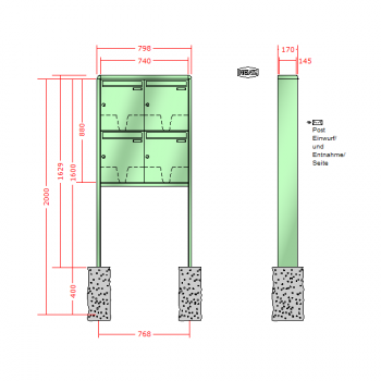 RENZ RS 2000, Anlage ohne Installationskasten, Kasten 370x440x145, 4-teilig, zum Einbetonieren, 10-0-10396