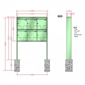 RENZ RS 2000, Anlage ohne Installationskasten, Kasten 370x440x145, 6-teilig, zum Einbetonieren, 10-0-10398