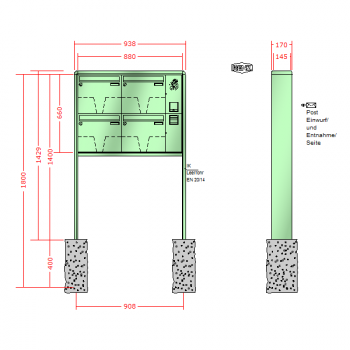 RENZ RS 2000, Anlage mit Installationskasten, Kasten 370x330x145, 4-teilig, zum Einbetonieren, 10-0-10403