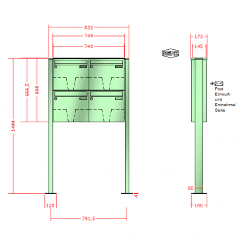 RENZ Basic (B) 3-seitig, Anlage ohne Installationskasten, Kasten 370x330x145, 4-teilig, mit Fußplatten zum Aufschrauben, 10-0-19003