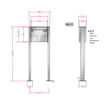 RENZ Basic (B) Edelstahl 3-seitig, Anlage ohne Installationskasten, Kasten 370x330x145, 1-teilig, mit Fußplatten zum Aufschrauben, 10-0-19012