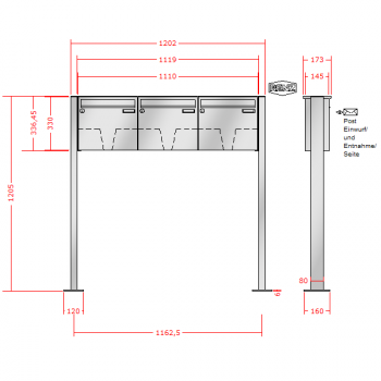 RENZ Basic (B) Edelstahl 3-seitig, Anlage ohne Installationskasten, Kasten 370x330x145, 3-teilig, mit Fußplatten zum Aufschrauben, 10-0-19014