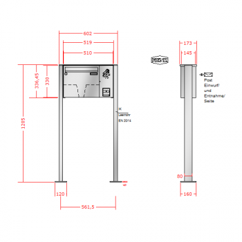 RENZ Basic (B) Edelstahl 3-seitig, Anlage mit Installationskasten, Kasten 370x330x145, 1-teilig, Installationskasten senkrecht mit Fußplatten zum Aufschrauben, 10-0-19018