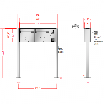 RENZ Basic (B) Edelstahl 3-seitig, Anlage mit Installationskasten, Kasten 370x330x145, 2-teilig, mit Fußplatten zum Aufschrauben, 10-0-19019