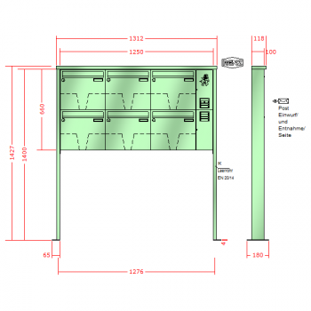 RENZ TETRO Stahl-Ausführung, Anlage mit Installationskasten, Kasten 370x330x100, 6-teilig, mit 2 Fußplatten, 10-0-19194