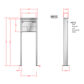 RENZ TETRO Edelstahl V4A-Ausführung, Anlage ohne Installationskasten, Kasten 370x330x100, 1-teilig, mit 2 Fußplatten, 10-0-19221