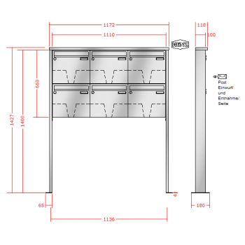 RENZ TETRO Edelstahl V4A-Ausführung, Anlage ohne Installationskasten, Kasten 370x330x100, 6-teilig, mit 2 Fußplatten, 10-0-19226