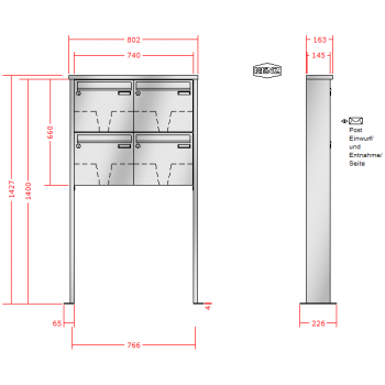 RENZ TETRO Edelstahl V4A-Ausführung, Anlage ohne Installationskasten, Kasten 370x330x145, 4-teilig, mit 2 Fußplatten, 10-0-19230