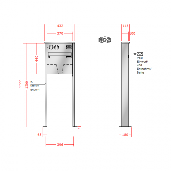 RENZ TETRO Edelstahl V4A-Ausführung, Anlage mit Installationskasten, Kasten 370x330x100, 1-teilig Installationskasten waagerecht, mit 2 Fußplatten, 10-0-19239