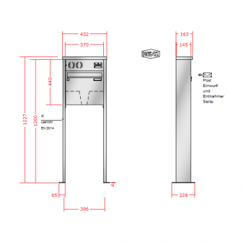 RENZ TETRO Edelstahl V4A-Ausführung, Anlage mit Installationskasten, Kasten 370x330x145, 1-teilig Installationskasten waagerecht, mit 2 Fußplatten, 10-0-19246