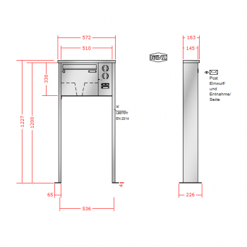 RENZ TETRO Edelstahl V4A-Ausführung, Anlage mit Installationskasten, Kasten 370x330x145, 1-teilig Installationskasten senkrecht, mit 2 Fußplatten, 10-0-19247