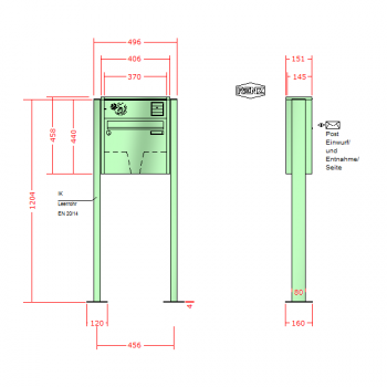RENZ Quadra 3-seitig, Anlage mit Installationskasten, Kasten 370x330x145, 1-teilig Installationskasten waagerecht, mit 2 Fußplatten, 10-0-19272