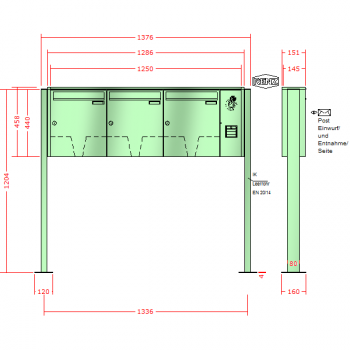 RENZ Quadra 3-seitig, Anlage mit Installationskasten, Kasten 370x440x145, 3-teilig, mit 2 Fußplatten, 10-0-19281