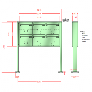 RENZ Quadra 4-seitig, Anlage ohne Installationskasten, Kasten 370x330x145, 6-teilig, mit 2 Fußplatten, 10-0-19314