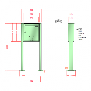 RENZ Quadra 4-seitig, Anlage ohne Installationskasten, Kasten 370x440x145, 1-teilig, mit 2 Fußplatten, 10-0-19315