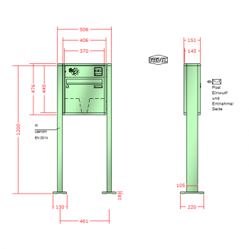 RENZ Quadra 4-seitig, Anlage mit Installationskasten, Kasten 370x330x145, 1-teilig Installationskasten waagerecht, mit 2 Fußplatten, 10-0-19321