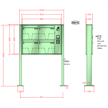 RENZ Quadra 4-seitig, Anlage mit Installationskasten, Kasten 370x330x145, 4-teilig, mit 2 Fußplatten, 10-0-19325