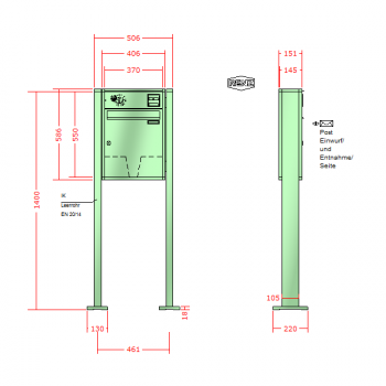 RENZ Quadra 4-seitig, Anlage mit Installationskasten, Kasten 370x440x145, 1-teilig Installationskasten waagerecht, mit 2 Fußplatten, 10-0-19328