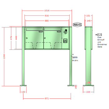 RENZ Quadra 4-seitig, Anlage mit Installationskasten, Kasten 370x440x145, 2-teilig , mit 2 Fußplatten, 10-0-19330