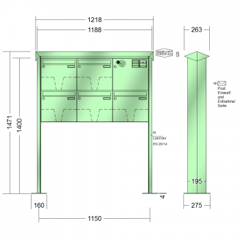 RENZ PRISMA Stahl-Ausführung, Anlage mit Installationskasten, Kasten 370x330x145, 5-teilig, mit 2 Fußplatten, 10-0-19352
